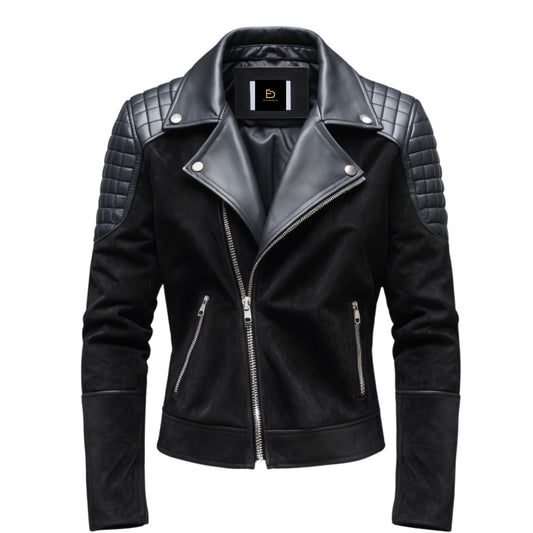 Black Real Leather Biker Jacket with Quilted Shoulders – Casual Wear