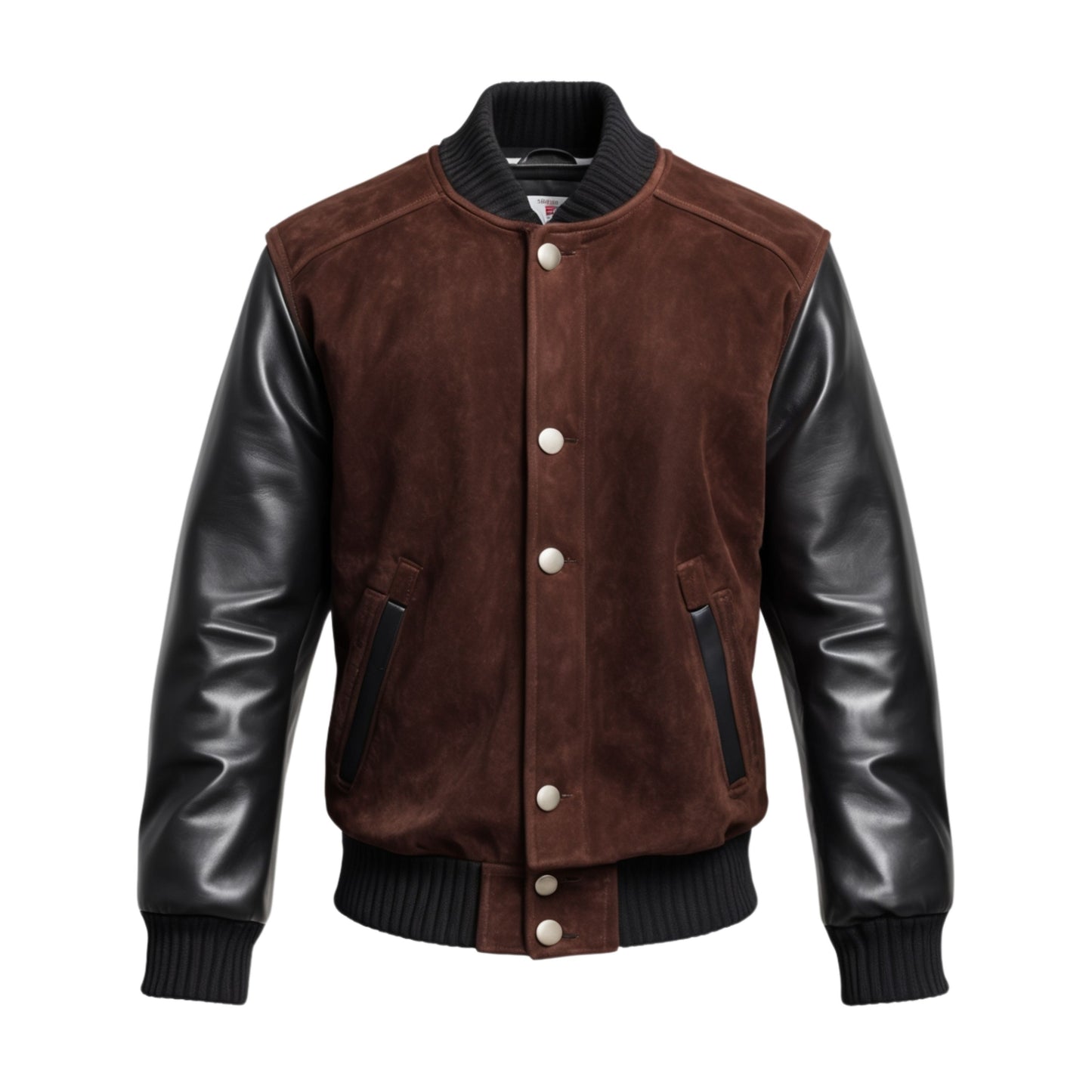 Men's Classic Varsity Bomber Jacket: Brown Suede, Black Leather Sleeves, Snap Button Closure