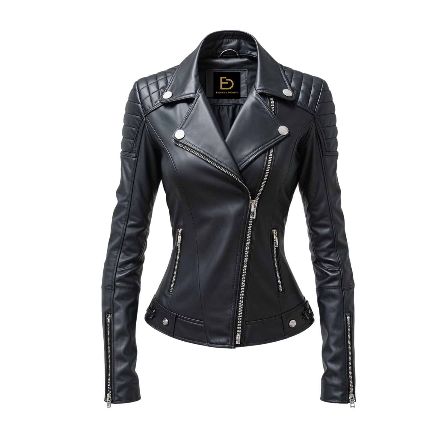 Black Leather Moto Jacket: Quilted Shoulder, Asymmetric Zip Biker Coat
