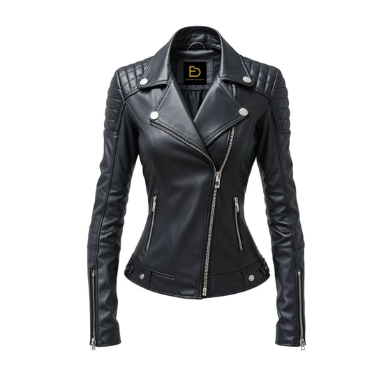 Black Leather Moto Jacket: Quilted Shoulder, Asymmetric Zip Biker Coat