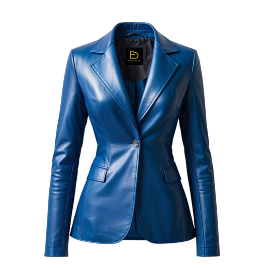 Royal Blue Real Leather Blazer Jacket, Notched Lapel Office Style