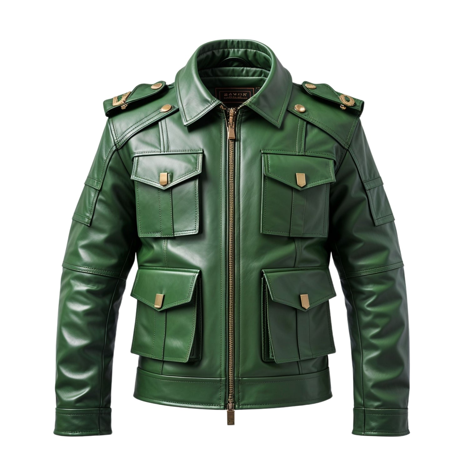 Green Real Leather Military Jacket with Front Flap Pockets, Shoulder Epaulets – Rugged Style