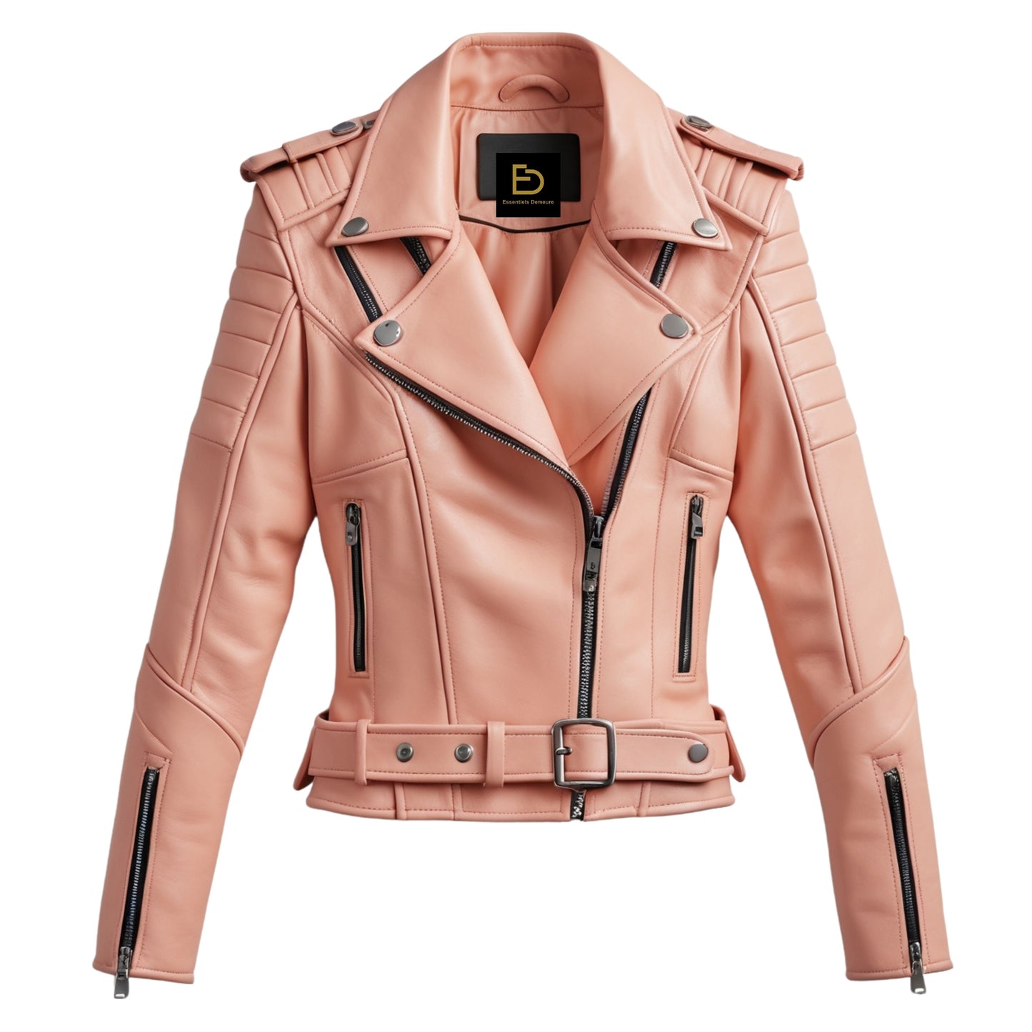 Peach Pink Leather Moto Jacket: Cropped Biker Coat with Quilted Shoulders