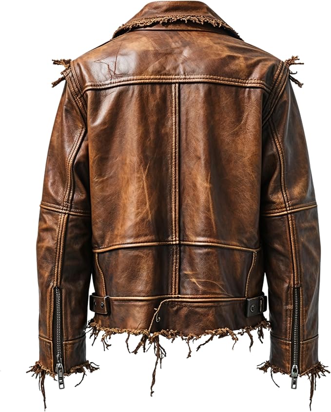 Men Distressed Brown Leather Biker Jacket Frayed Edges Belted Waist Edgy Modern Premium Elegant Stylish