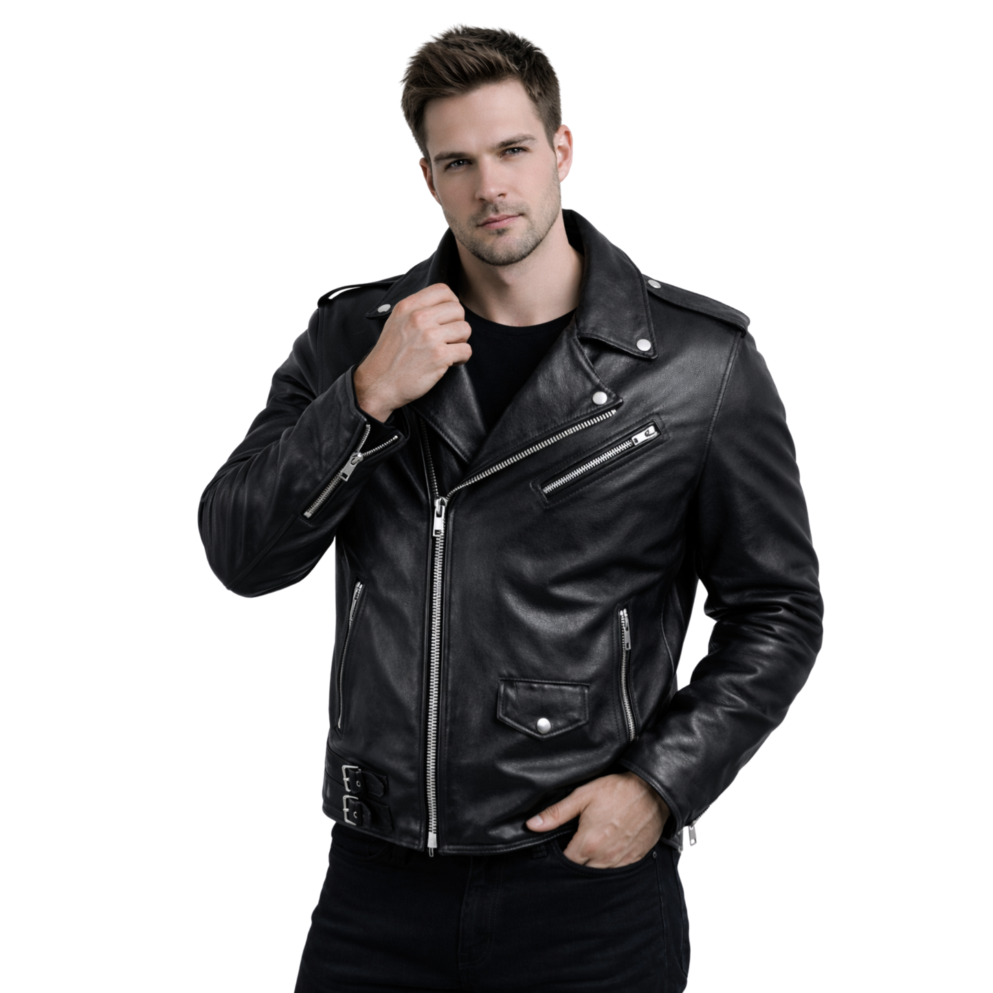 Mens Black Cowhide Leather Biker Jacket - Asymmetric Moto Style
