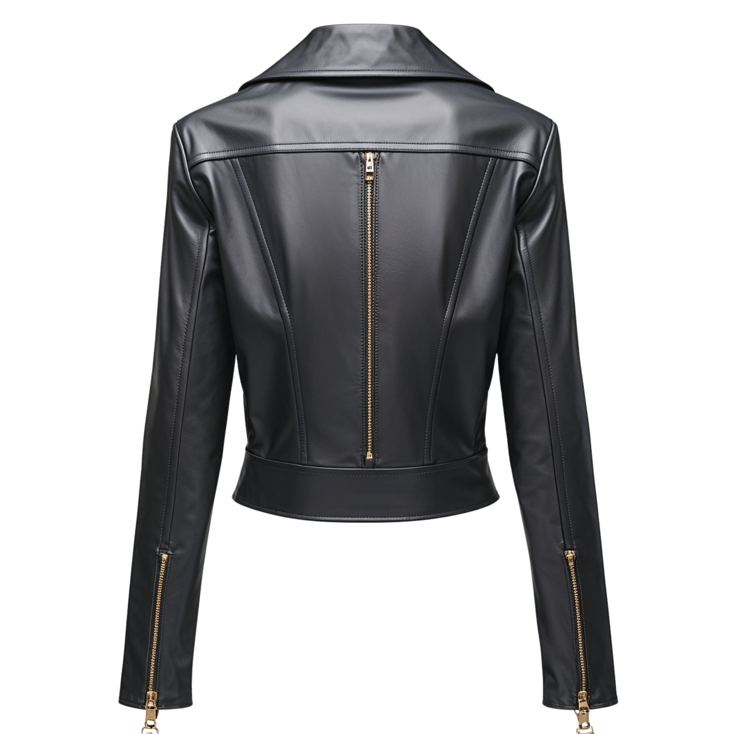 Womens Black Leather Cropped Moto Jacket with Gold Zippers – Biker Style Coat