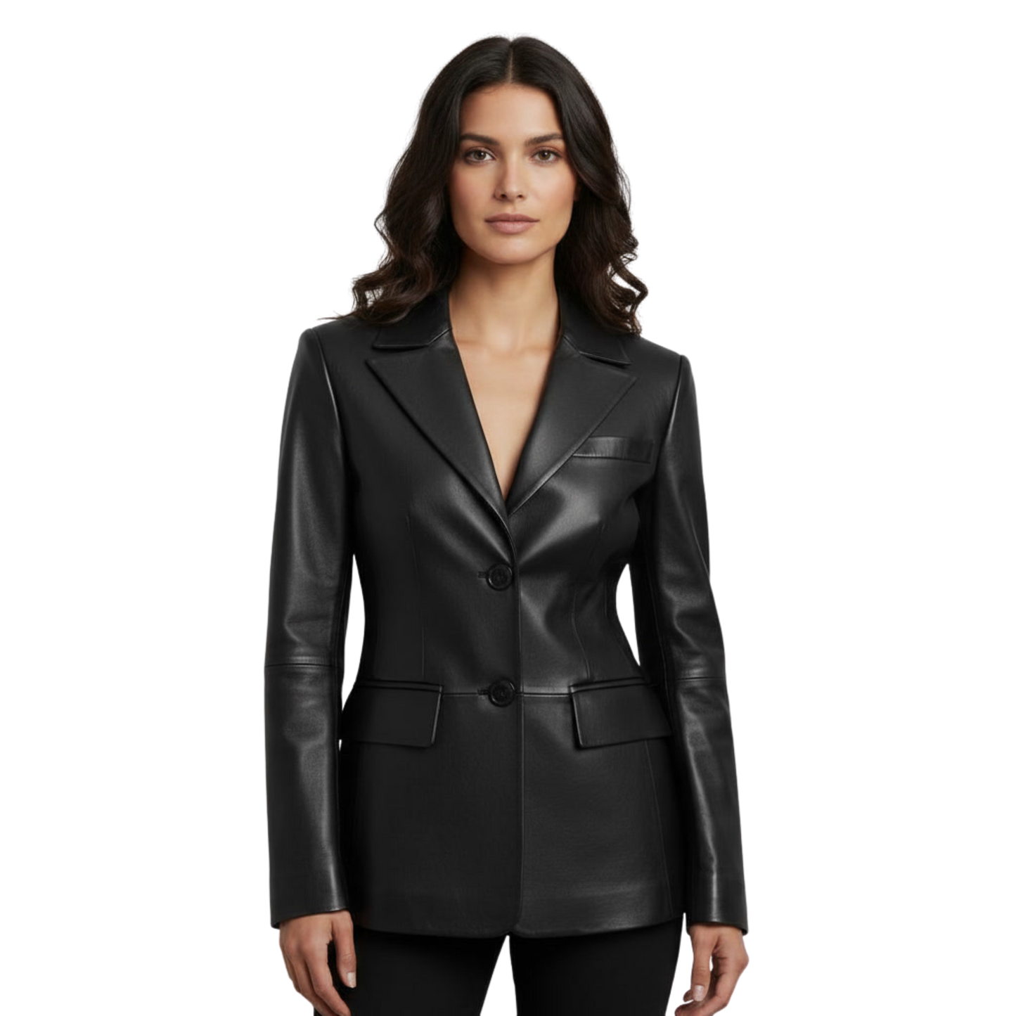 Women's Black Leather Blazer, Tailored Fit, Two-Button Notch Lapel
