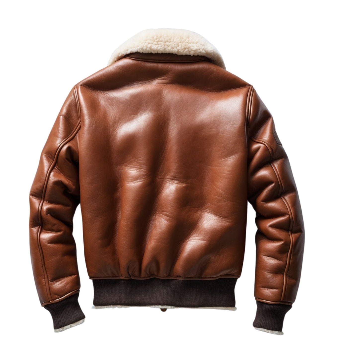 Brown Real Leather Bomber Jacket with Shearling Collar, Zipper Pockets, Cold Weather Style