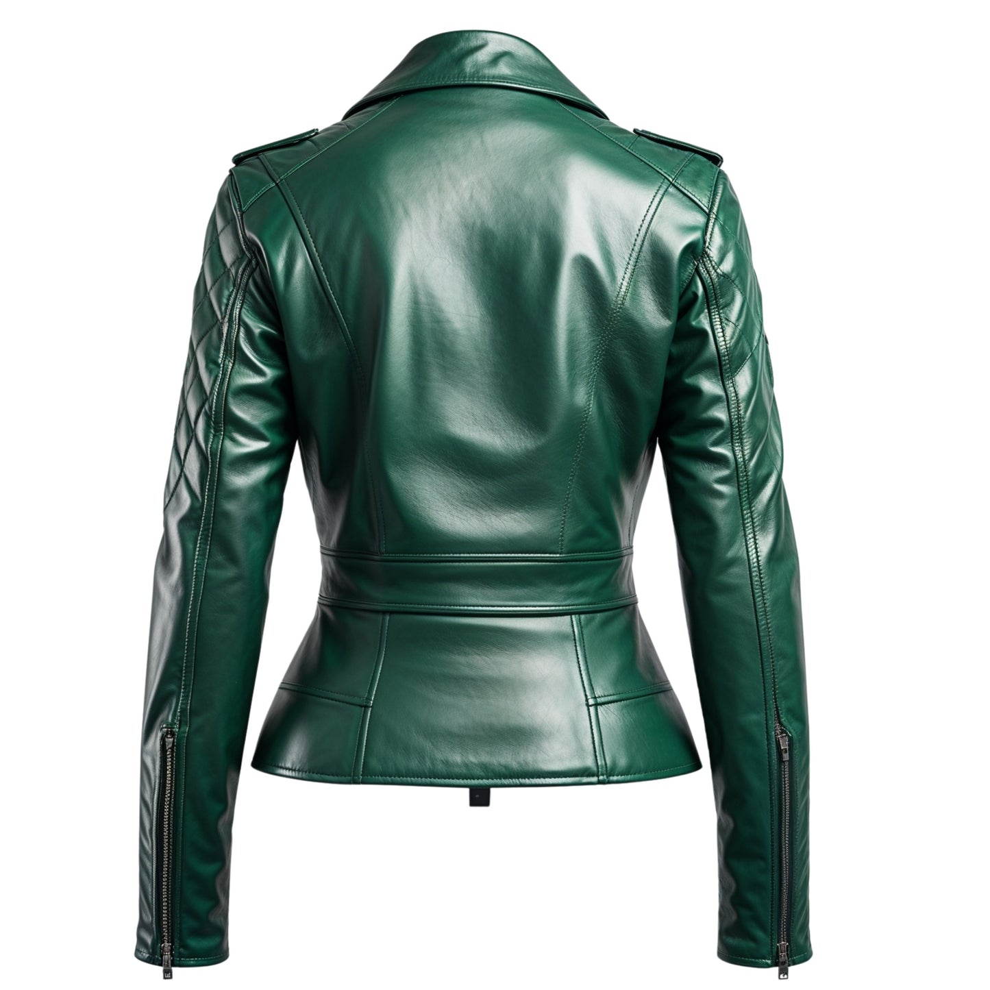Women Real Leather Green Quilted Moto Jacket Fitted Zip Front Tailored Waist Statement Outerwear