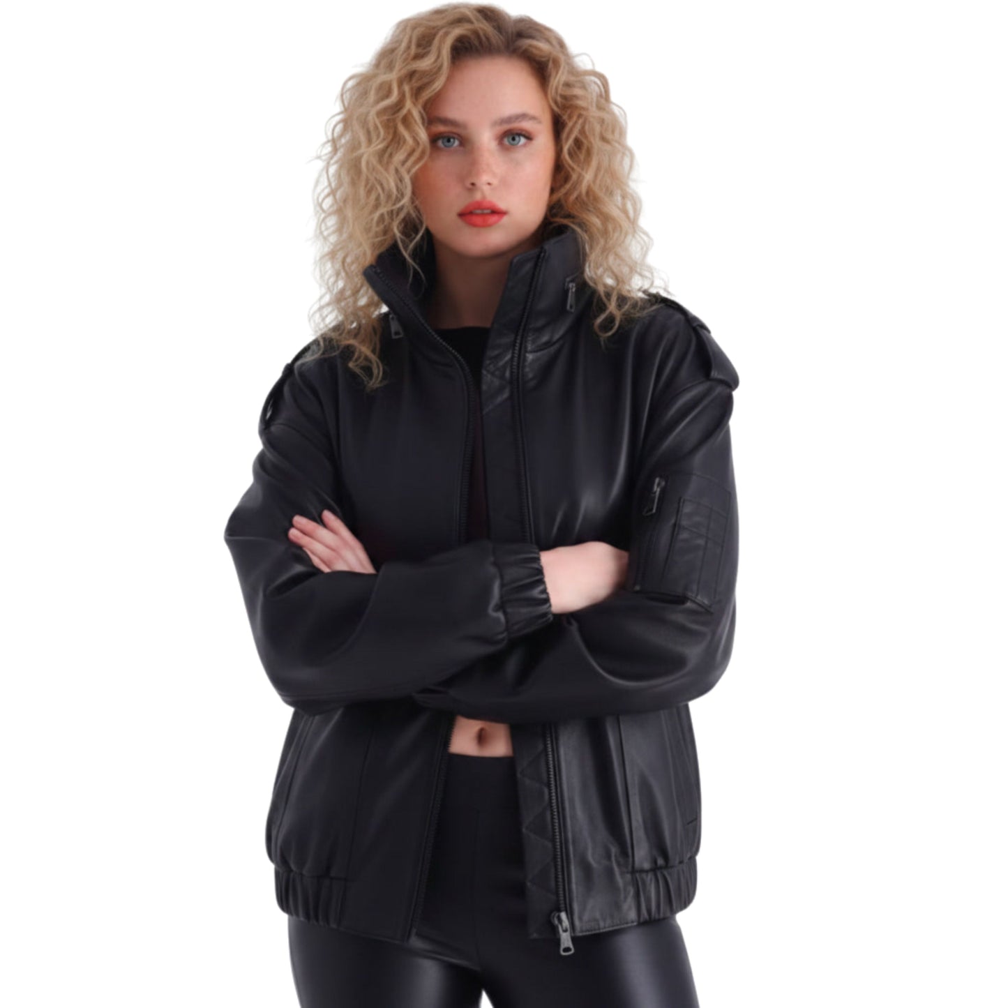 Black Leather Oversized Bomber Jacket: Quilted Utility Style Zip Pockets Elastic Hem