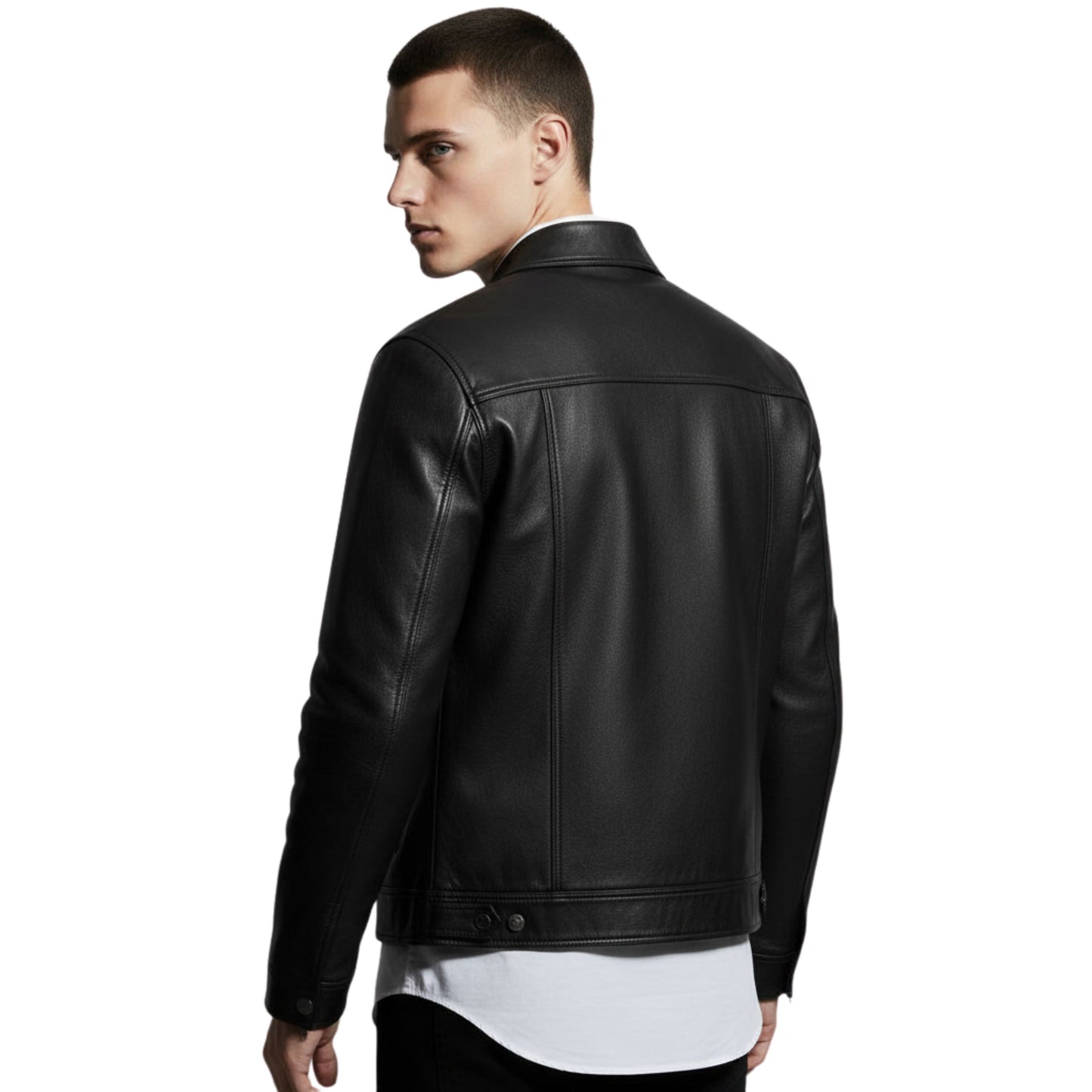 Men's Black Leather Trucker Jacket: Western Style, Slim Fit Snap-Button Coat