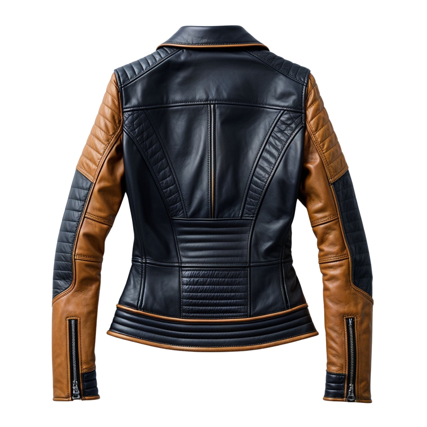 Women's Two-Tone Real Leather Biker Jacket – Asymmetric Zip, Quilted Shoulder, Slim Fit