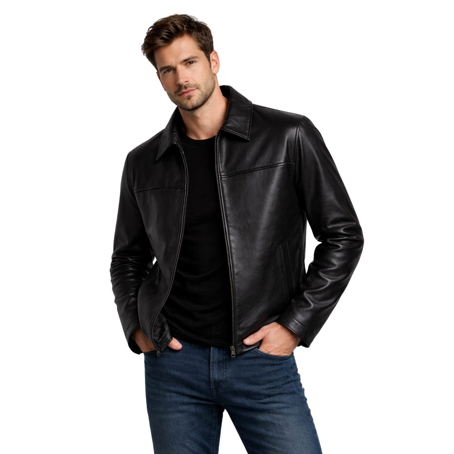 Men's Black Leather Jacket, Slim Fit Biker Style