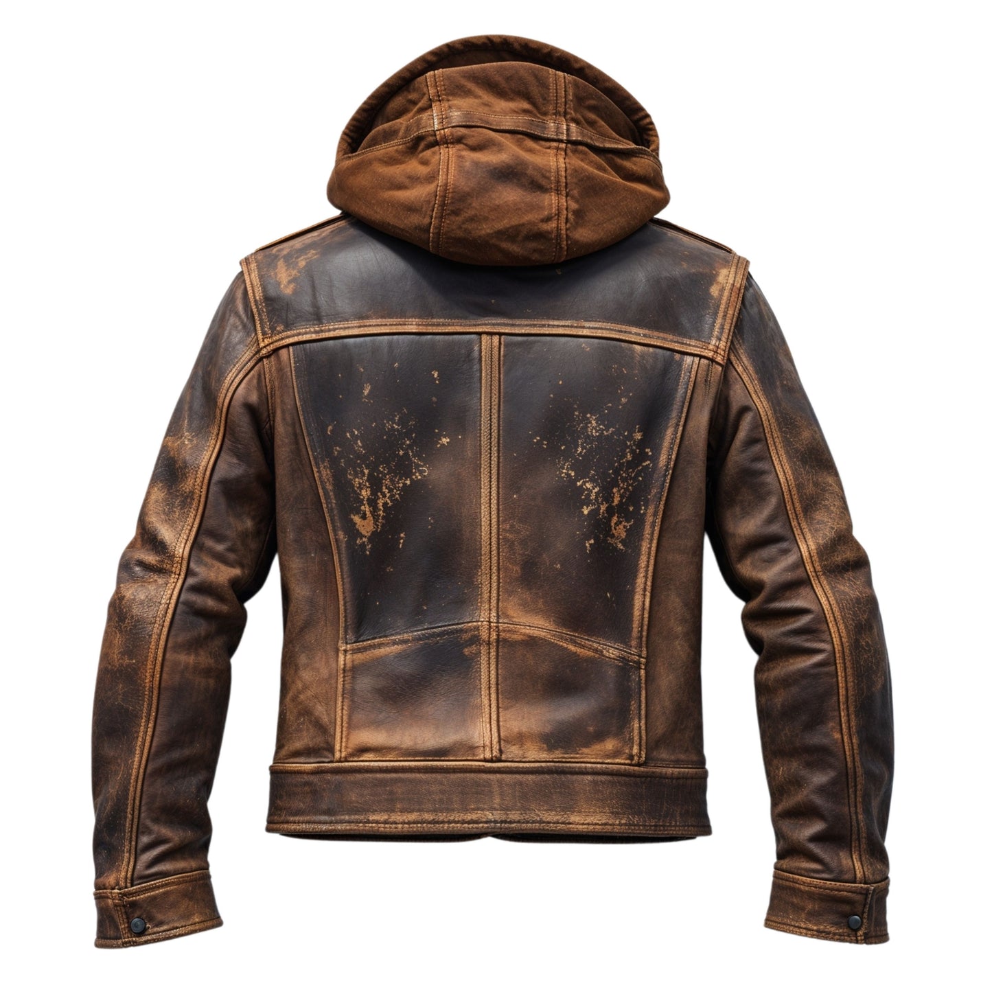 Vintage Brown Distressed Leather Jacket Men Hood Rugged Design Multiple Pockets Versatile Everyday Style