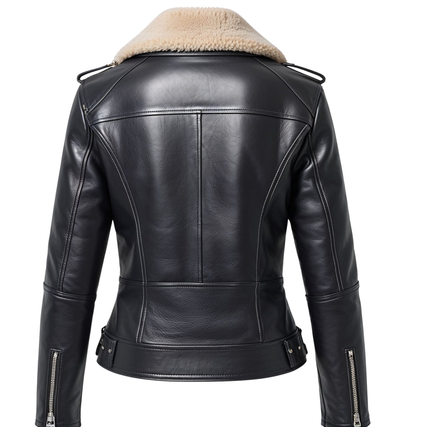 Black Real Leather Biker Jacket with Cream Shearling Collar, Asymmetric Zip, Belted Hem