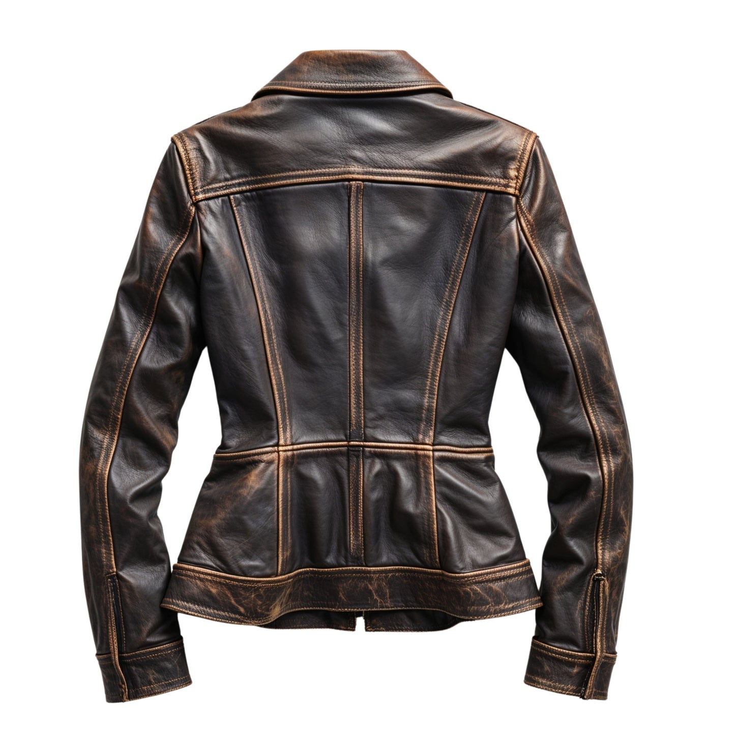Womens distressed brown real leather trucker jacket tailored waist casual shirt collar vintage inspired