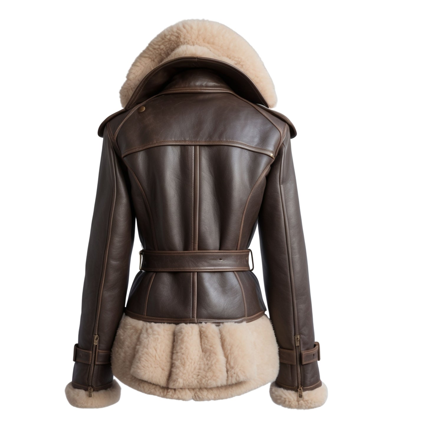 Women's Dark Brown Leather Shearling Aviator Biker Jacket with Cream Fur Collar