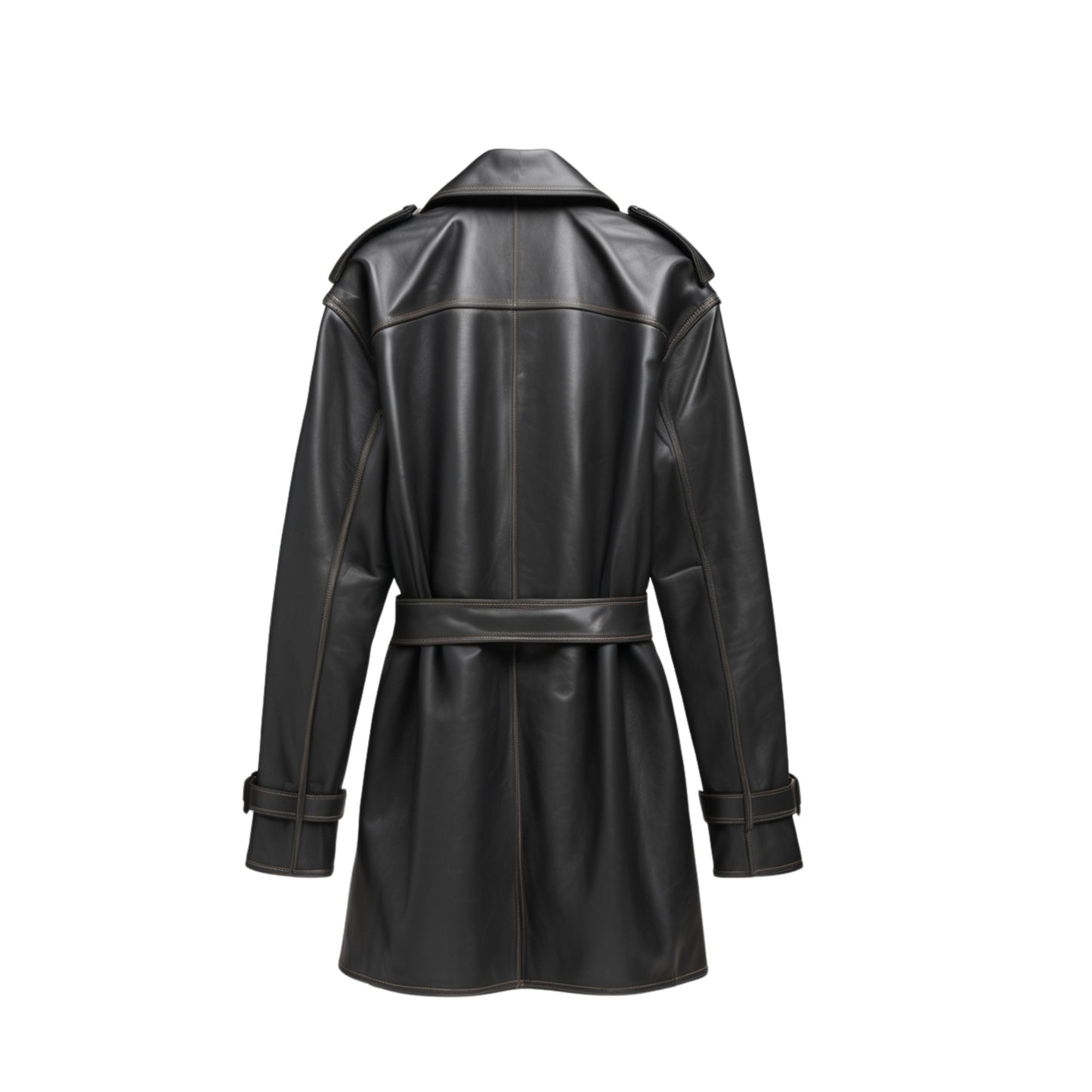 Black Leather Trench Coat: Belted Moto Biker Overcoat with Wide Lapels