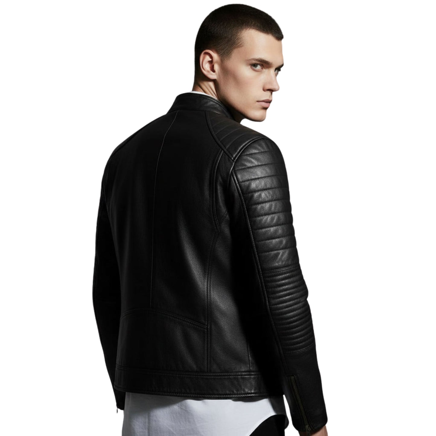 Men's Black Leather Slim Fit Moto Biker Jacket with Quilted Shoulders