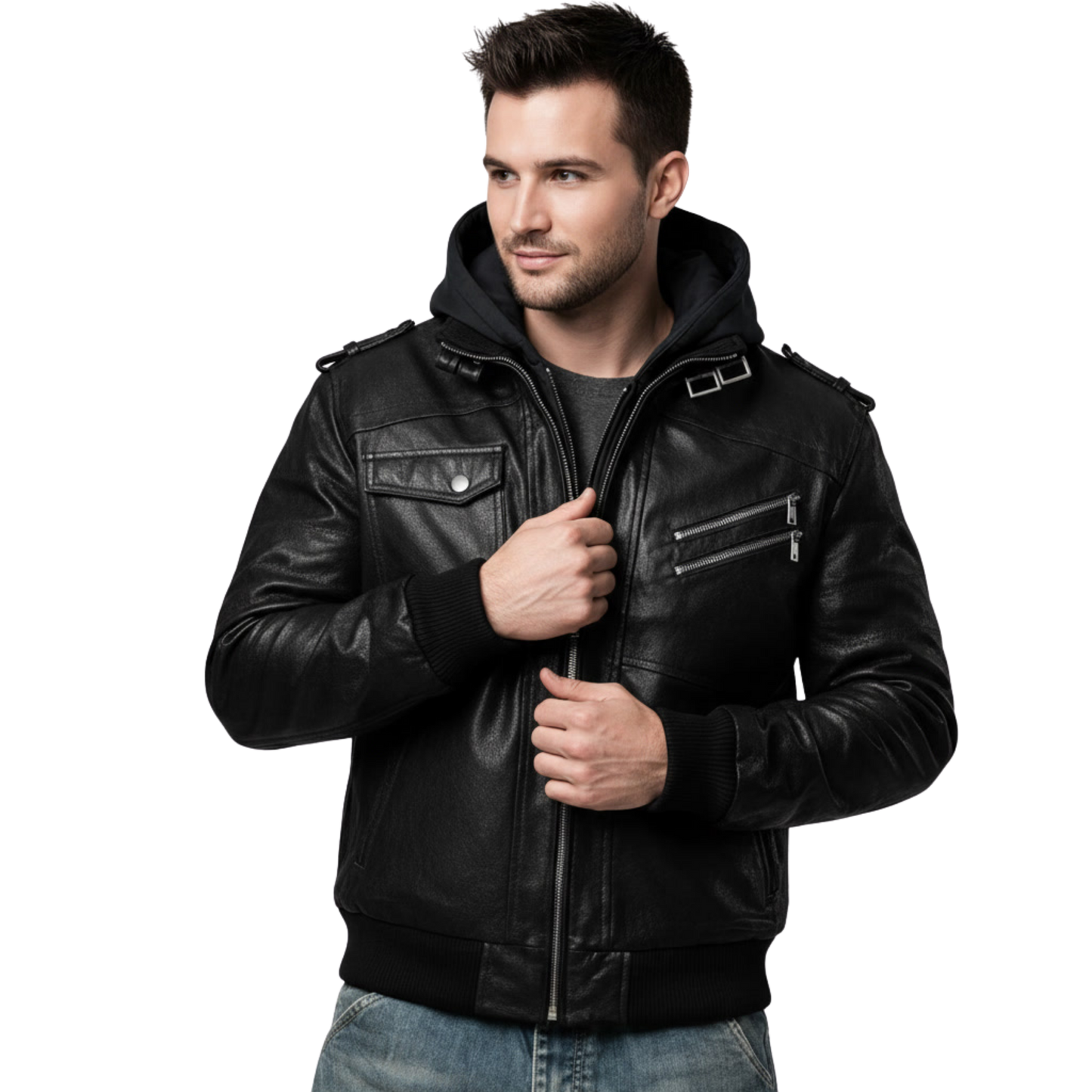 Mens Black Sheepskin Leather Bomber Jacket: Moto Biker with Removable Hood