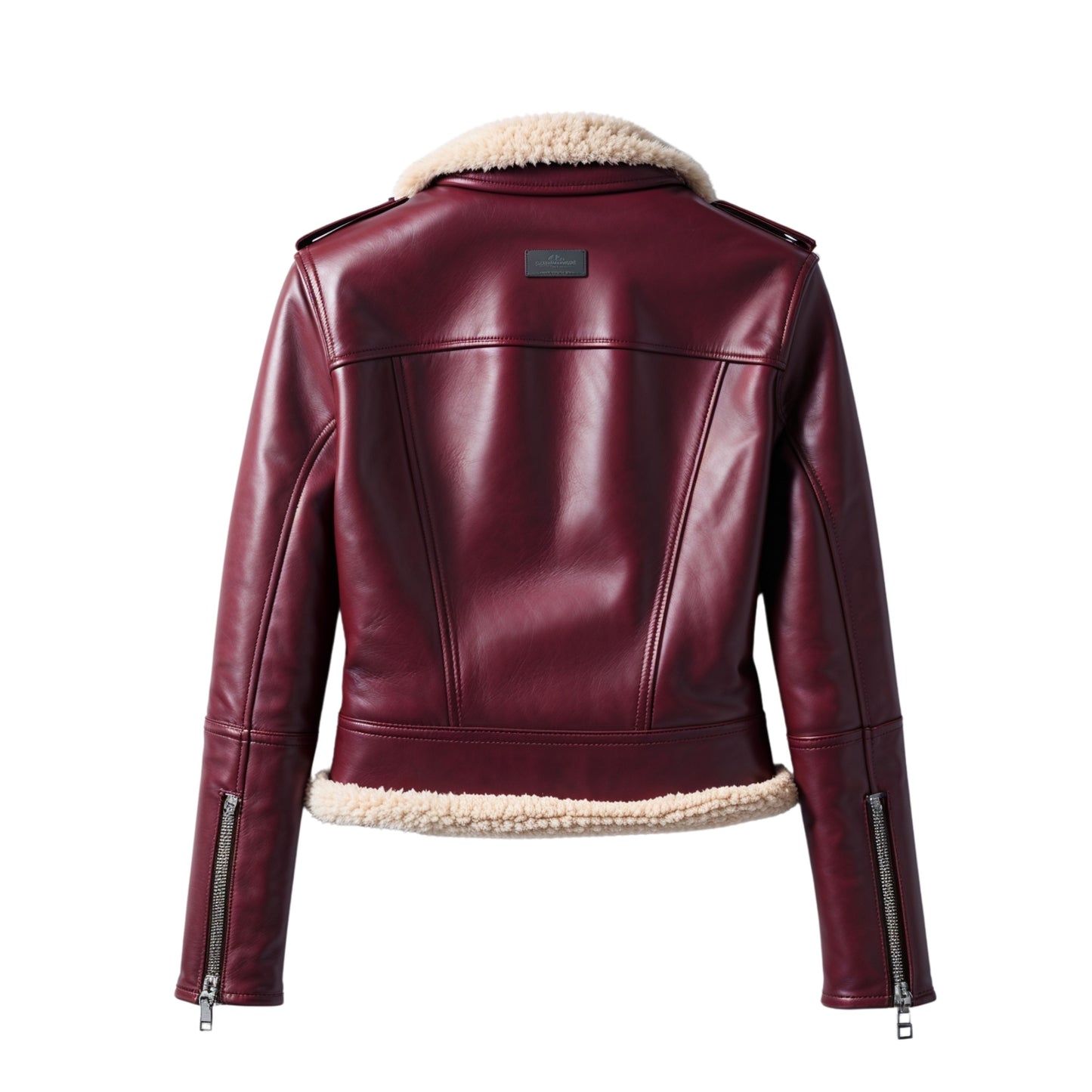 Womens Real Leather Shearling Biker Jacket Burgundy Moto Coat Fur Lining Fashionable Zip Pockets