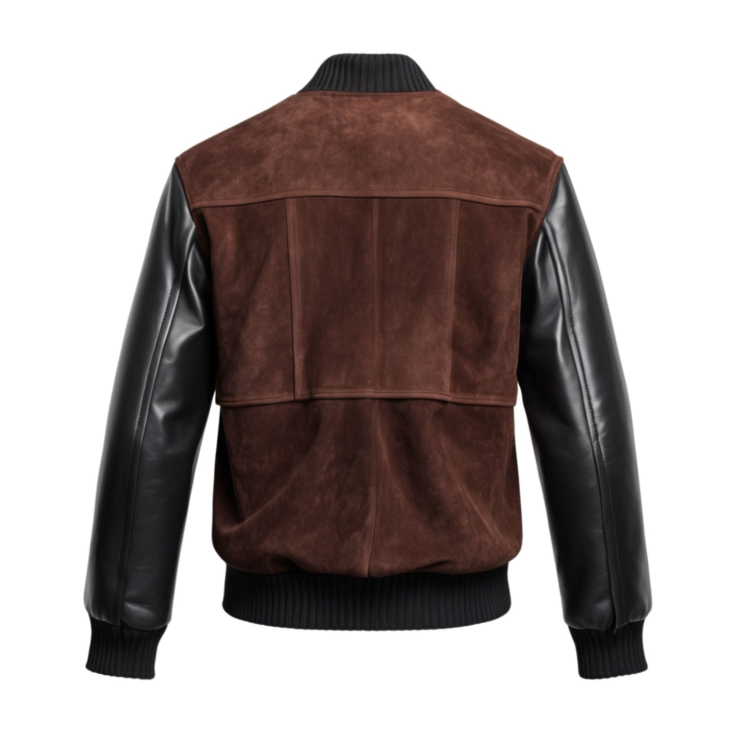 Men's Classic Varsity Bomber Jacket: Brown Suede, Black Leather Sleeves, Snap Button Closure