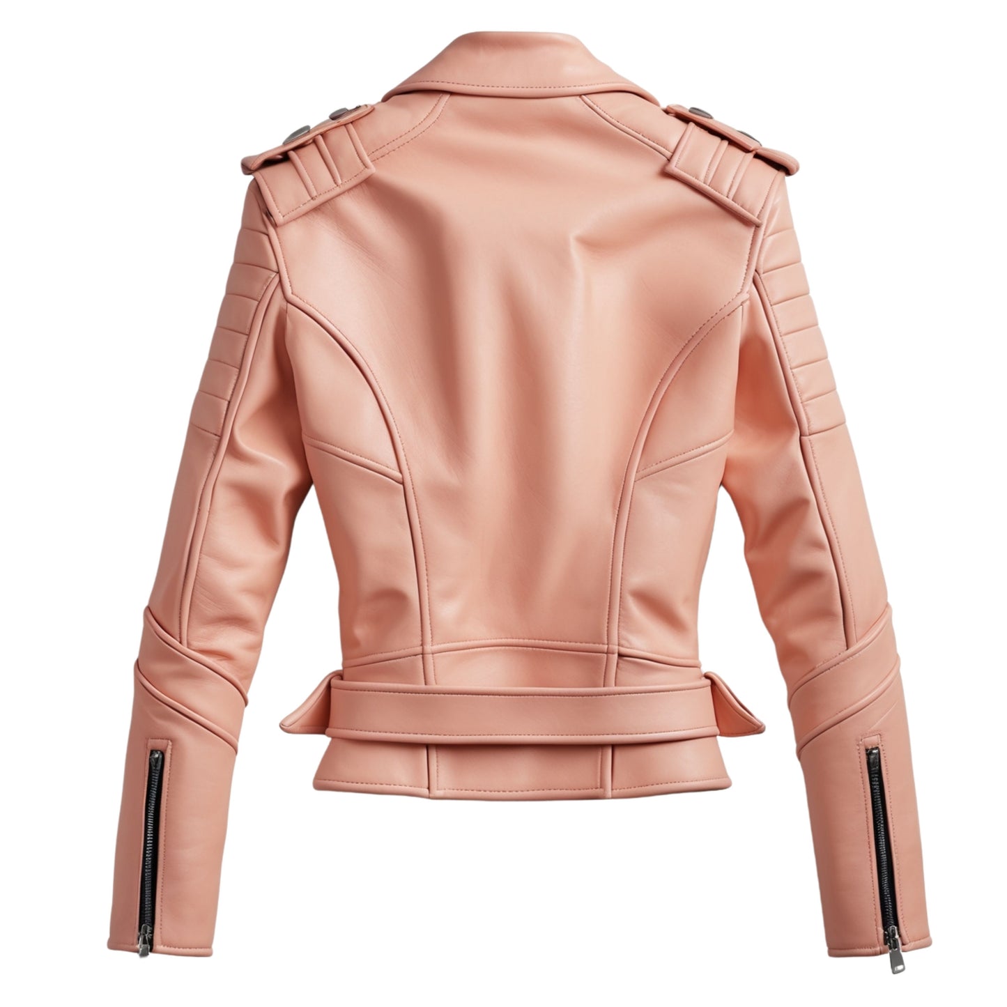 Peach Pink Leather Moto Jacket: Cropped Biker Coat with Quilted Shoulders