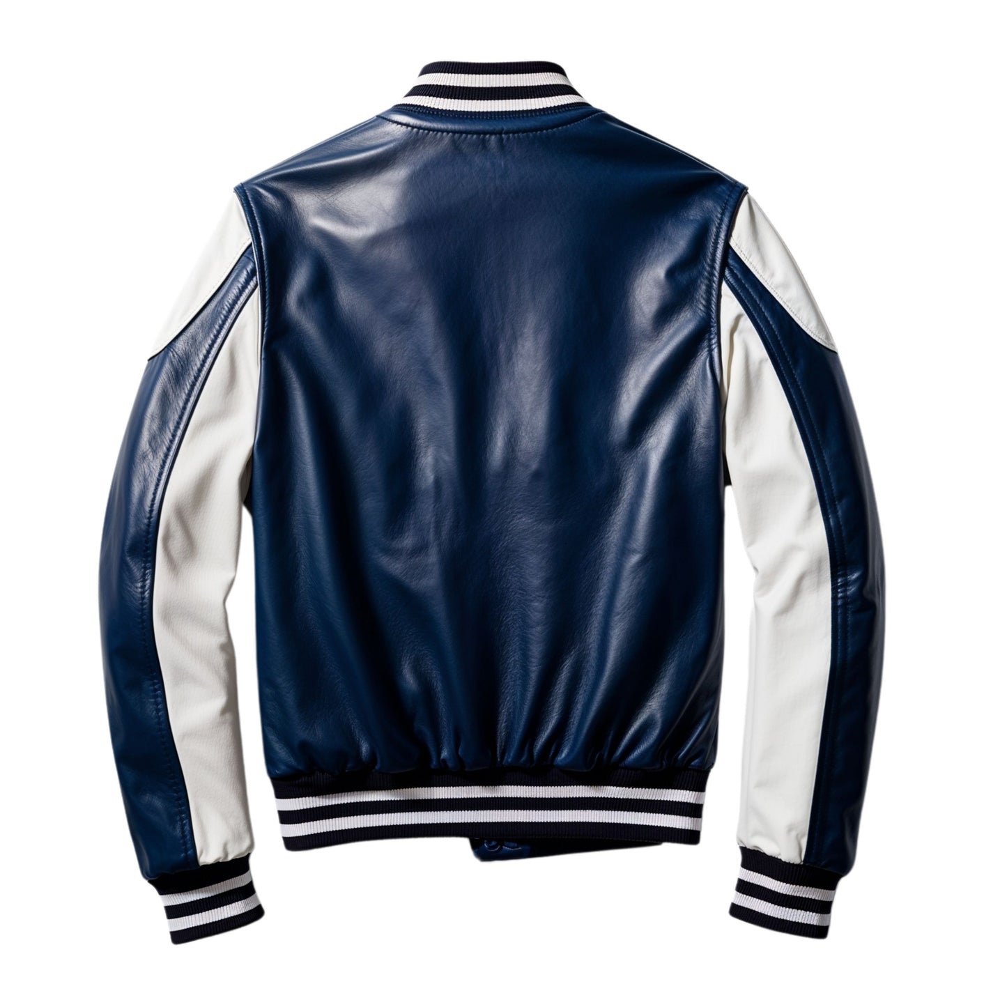 Men's Navy Blue Real Leather Varsity Bomber Jacket with White Sleeves, Striped Ribbing