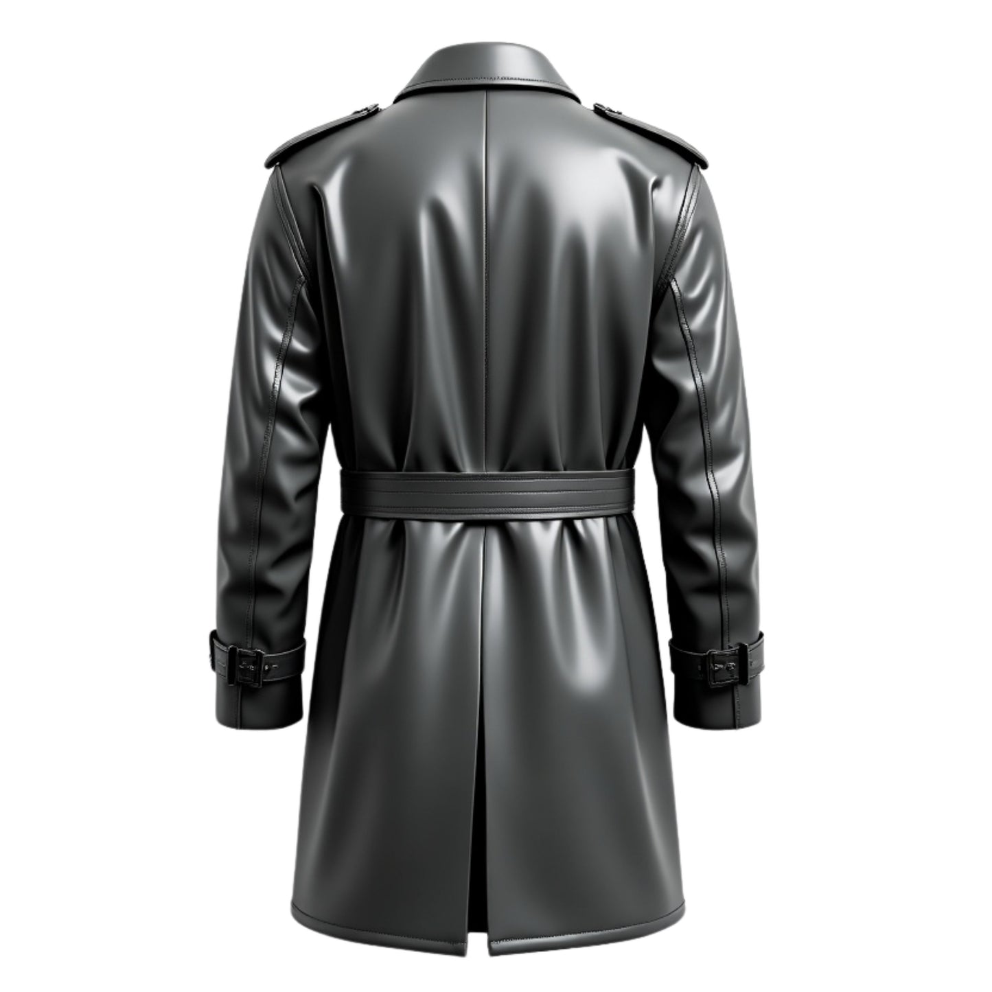 Men's Black Real Leather Double Breasted Trench Coat with Belted Waist, Epaulets