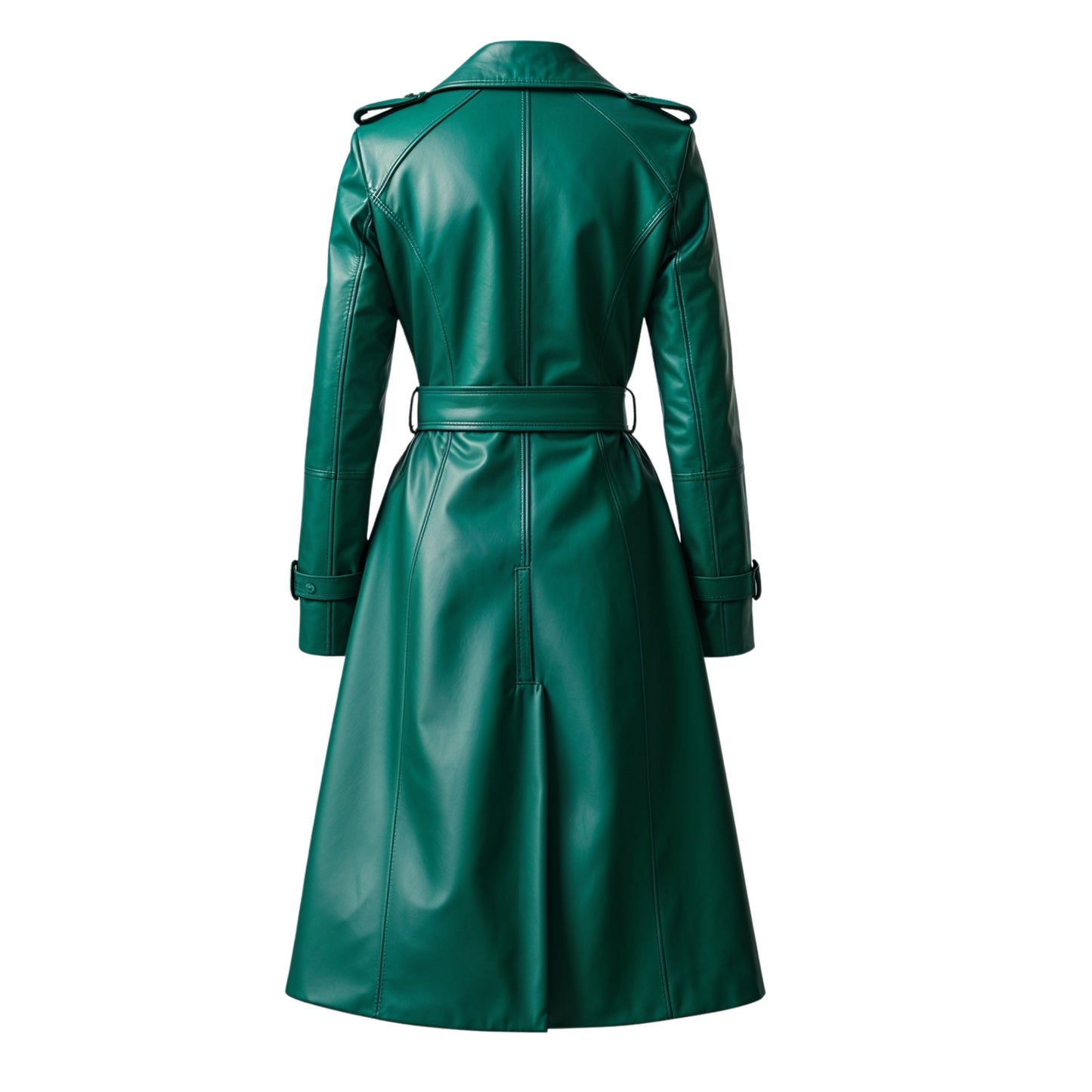 Emerald Green Real Leather Trench Coat: Belted Double Breasted City Outerwear