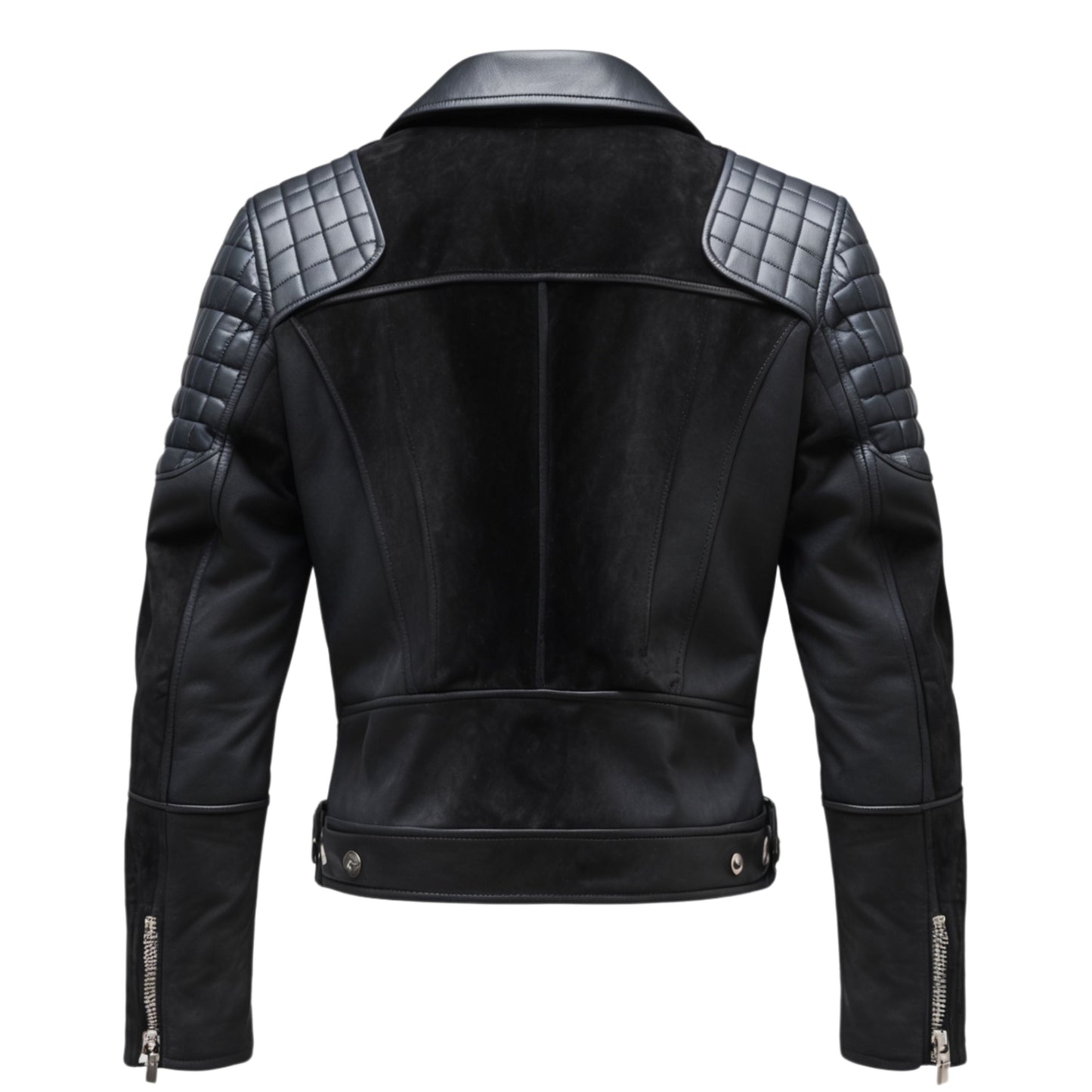 Black Real Leather Biker Jacket with Quilted Shoulders – Casual Wear