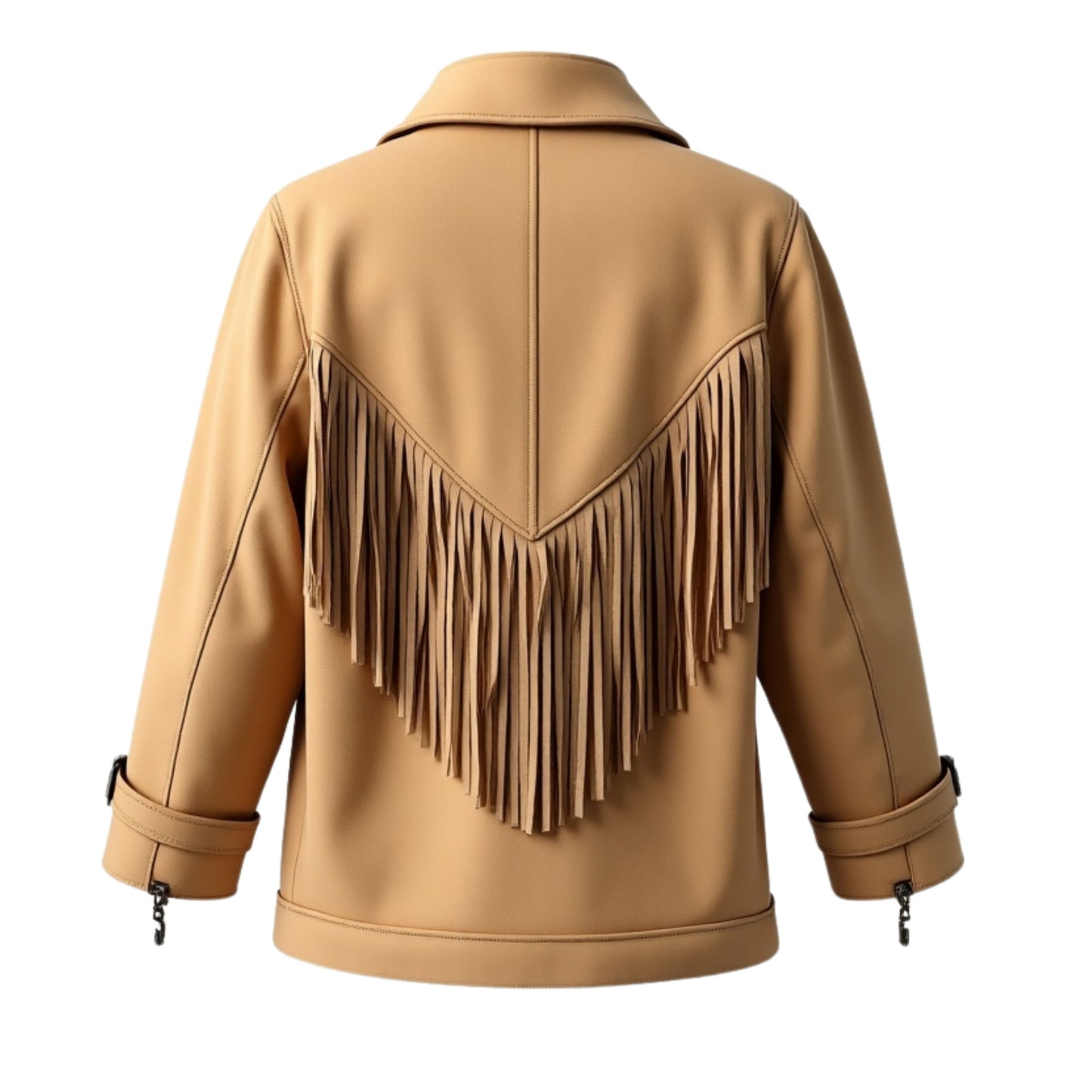 Camel Real Leather Fringed Jacket – Boho Western Style Button Front Epaulet Shoulders