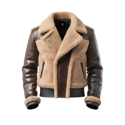 Brown Beige Leather Aviator Jacket with Shearling Lining – Classic Flight Style Coat