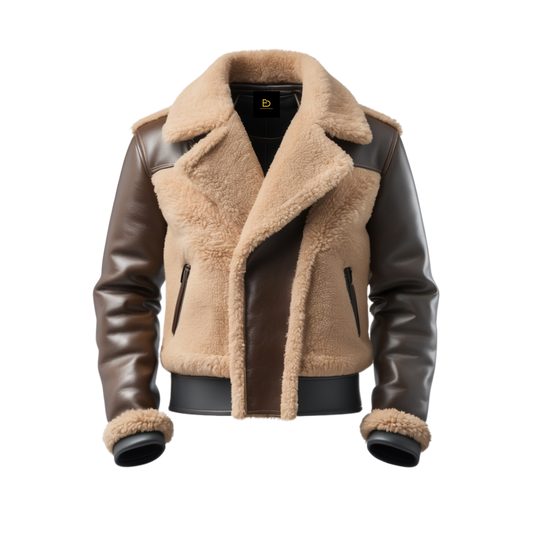 Brown Beige Real Leather Aviator Jacket Shearling Lining Wide Collar Zipper Front Classic Flight Style