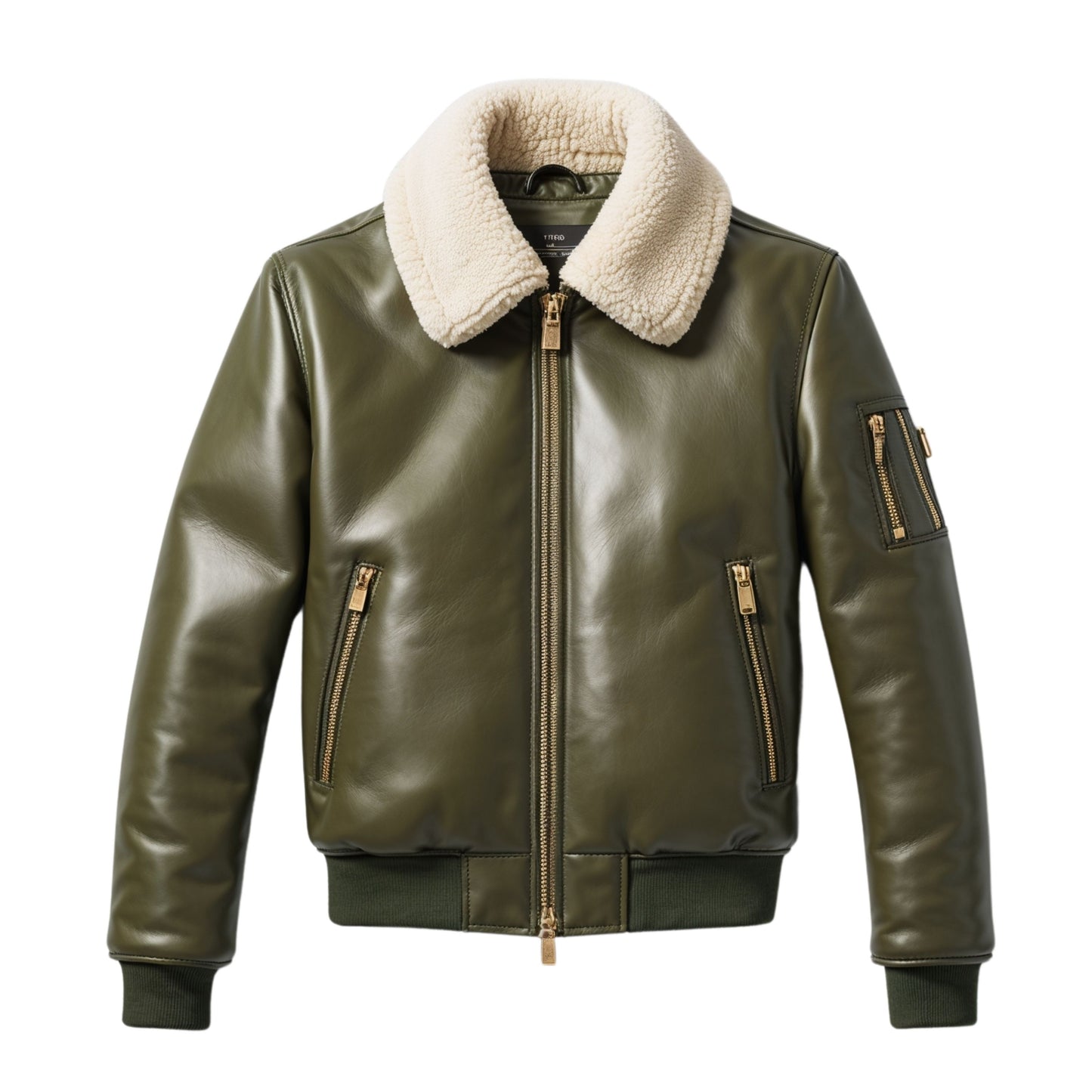 Men's Olive Green Leather Bomber Jacket with Shearling Collar and Gold Zippers