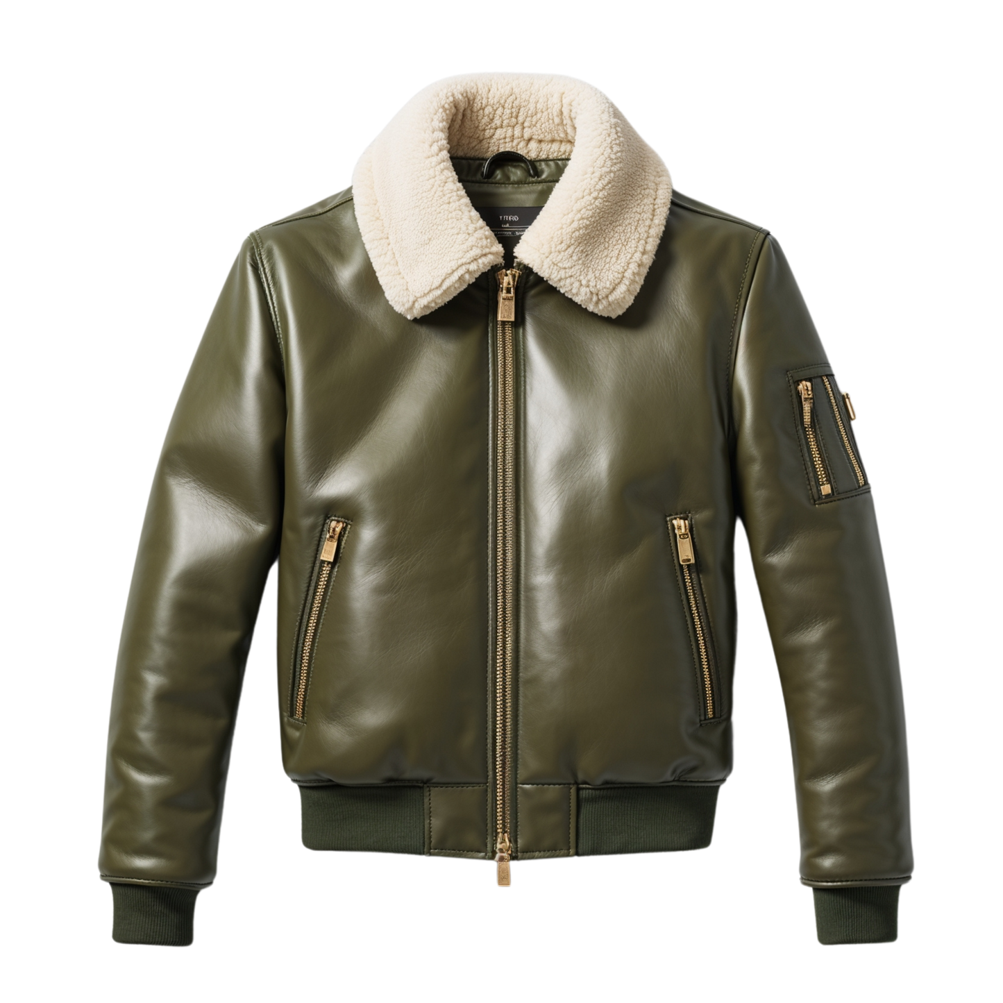 Men Olive Green Real Leather Bomber Jacket Gold Tone Zippers Modern Winter Warmth Standout Urban Style