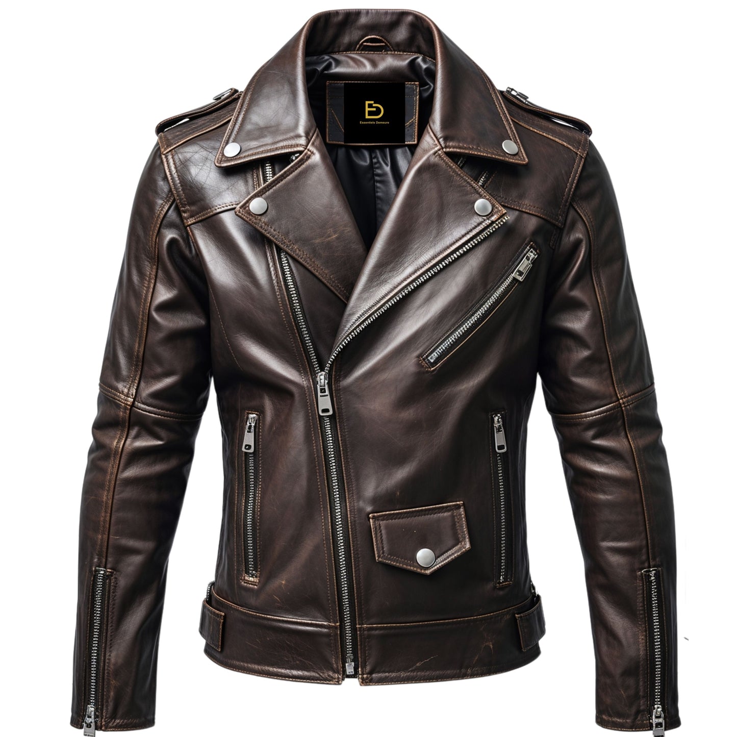 Mens Real Leather Biker Jacket Classic Asymmetrical Zipper Multiple Secure Pockets Timeless Rugged Style