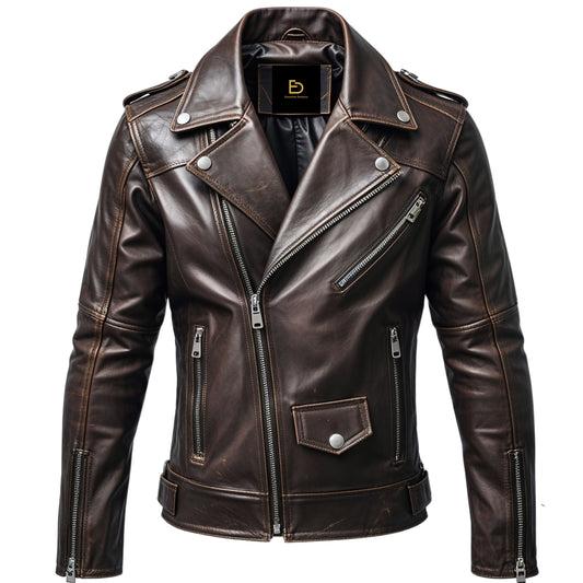 Mens Real Leather Biker Jacket Classic Asymmetrical Zipper Multiple Secure Pockets Timeless Rugged Style
