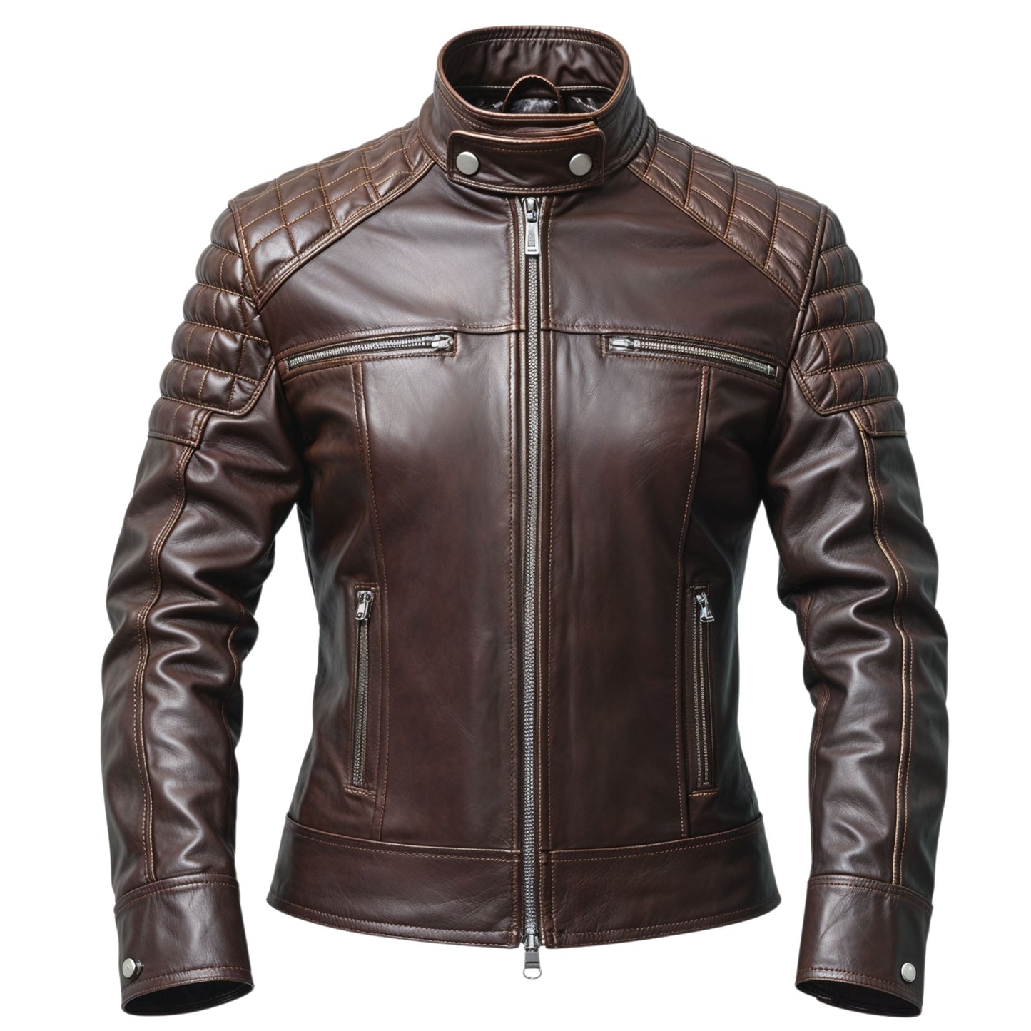 Men's Brown Real Leather Biker Jacket with Quilted Shoulders – Modern Moto Style