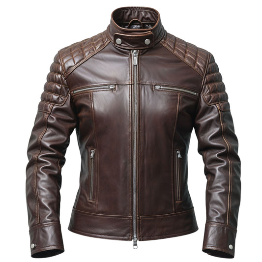 Men's Brown Real Leather Biker Jacket with Quilted Shoulders – Modern Moto Style
