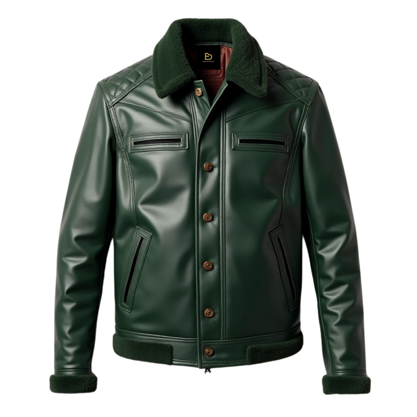 Men's Green Leather Bomber Jacket with Shearling Collar, Quilted Shoulders