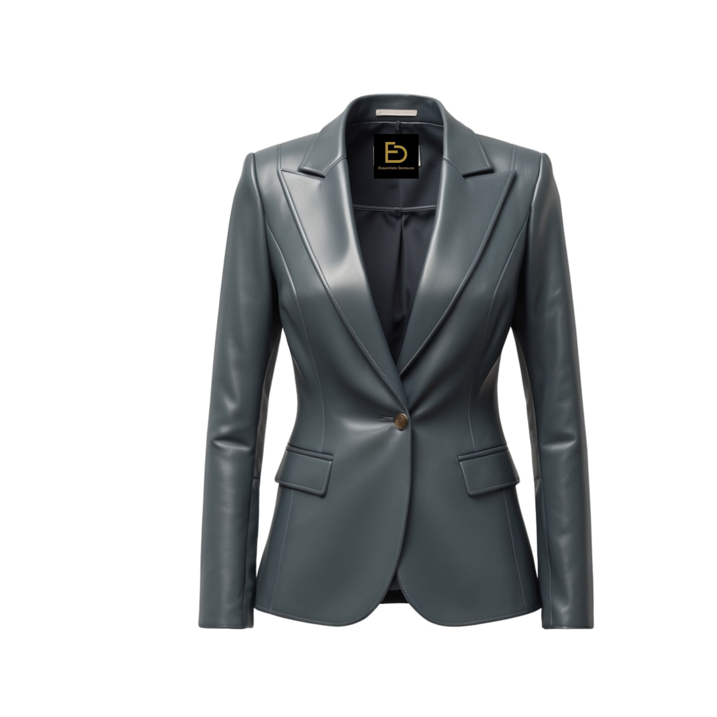 Women's Real Leather Blazer Jacket: Slate Gray Single Button Notched Lapel Coat