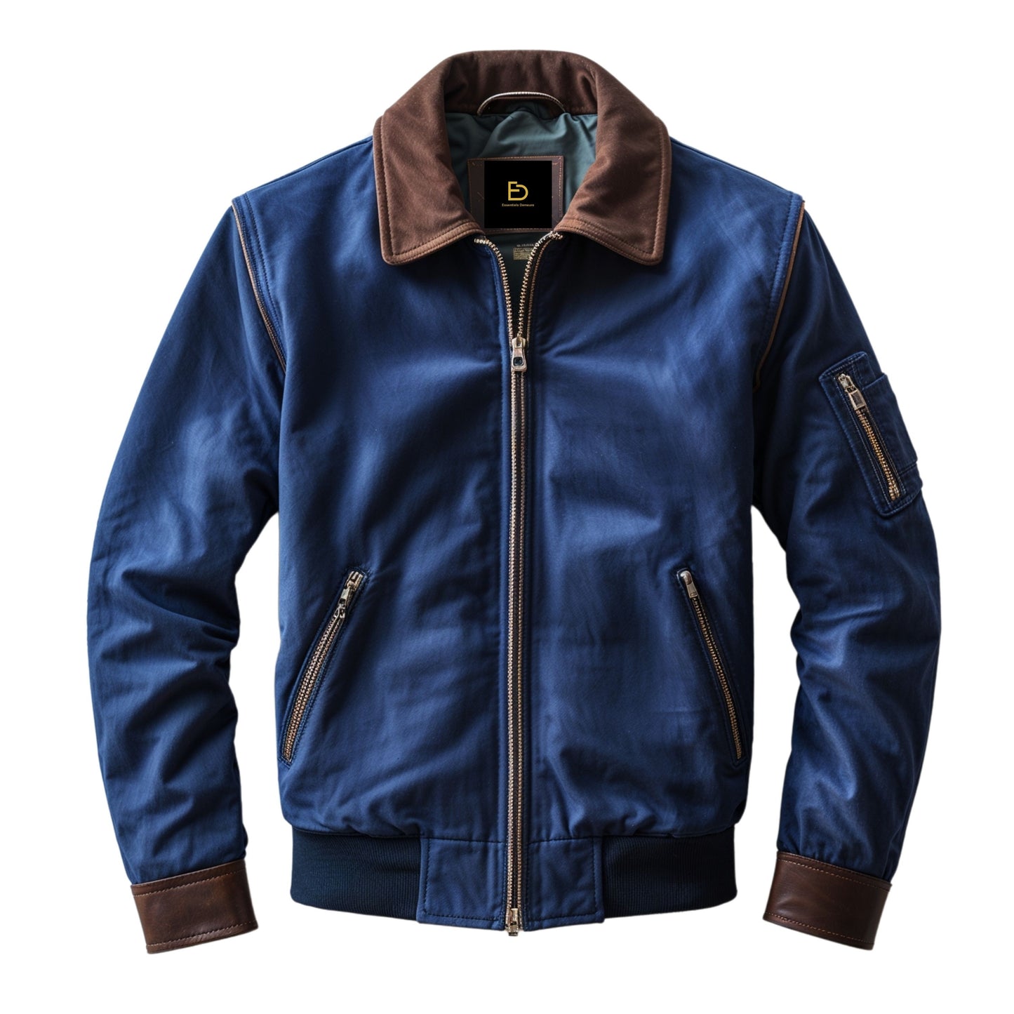 Men's Blue Bomber Jacket with Brown Collar, Cuffs, Zippered Pockets – Classic Fit
