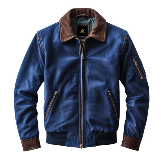 Men's Blue Bomber Jacket with Brown Collar, Cuffs, Zippered Pockets – Classic Fit