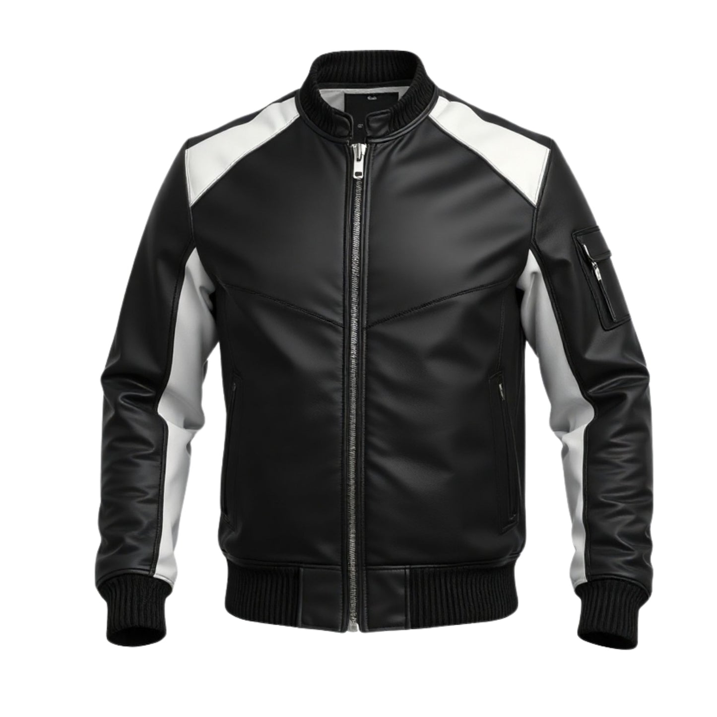 Men's Black Leather Bomber Jacket with White Accents, Utility Pocket