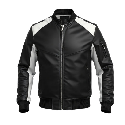 Men's Black Leather Bomber Jacket with White Accents, Utility Pocket