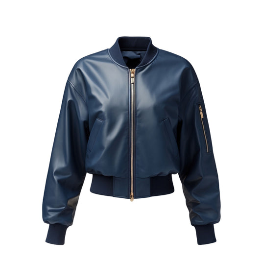 Navy Blue Genuine Leather Bomber Jacket – MA1 Flight Style Gold Zip Ribbed Cuffs