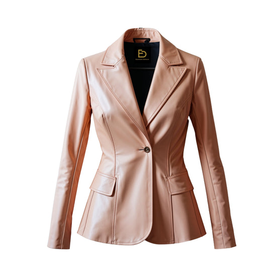 Women Blush Pink Real Leather Blazer Jacket: Notched Lapel, Single Button, Pleated Hem