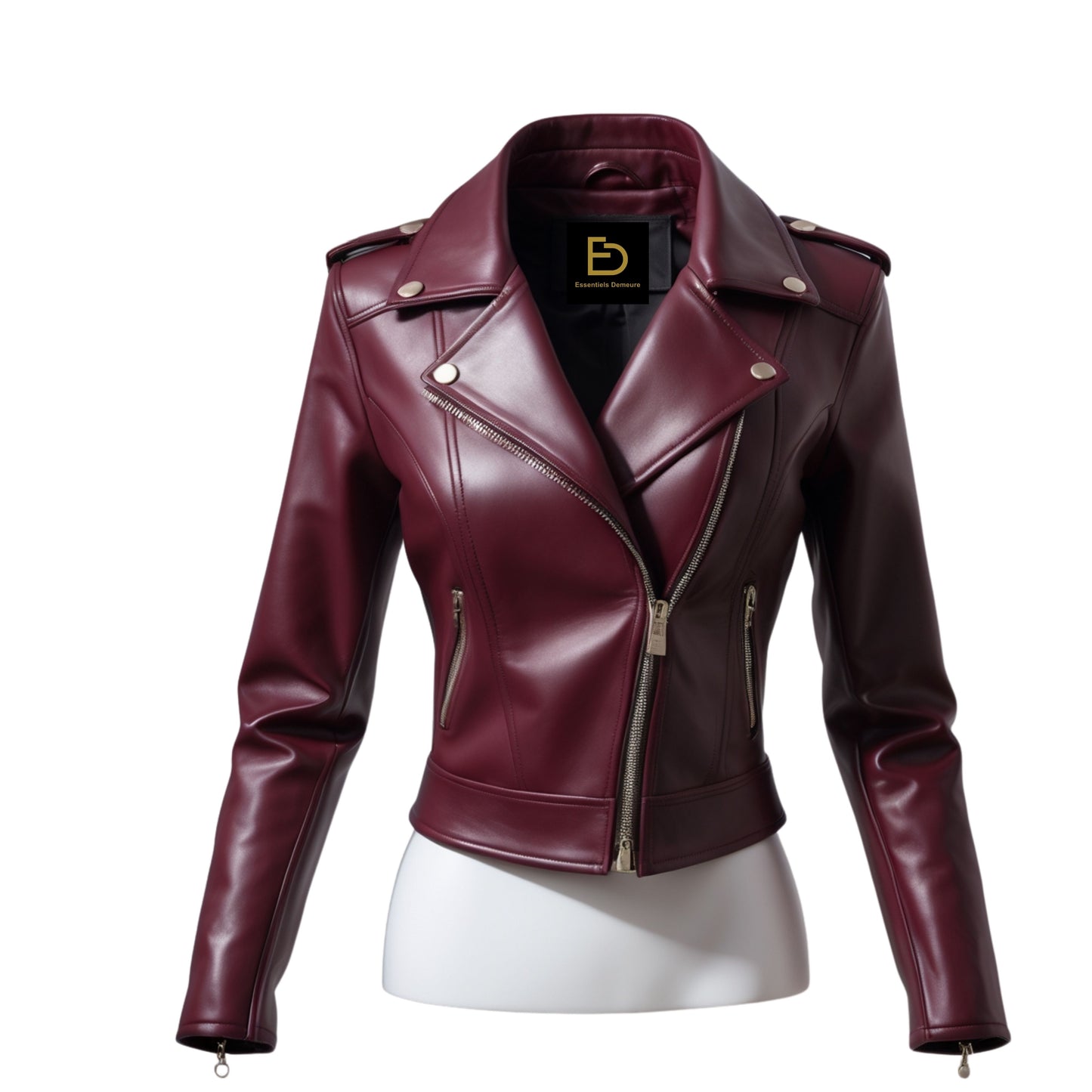 Womens Burgundy Black Real Leather Biker Jacket – Asymmetric Zip Silver Hardware