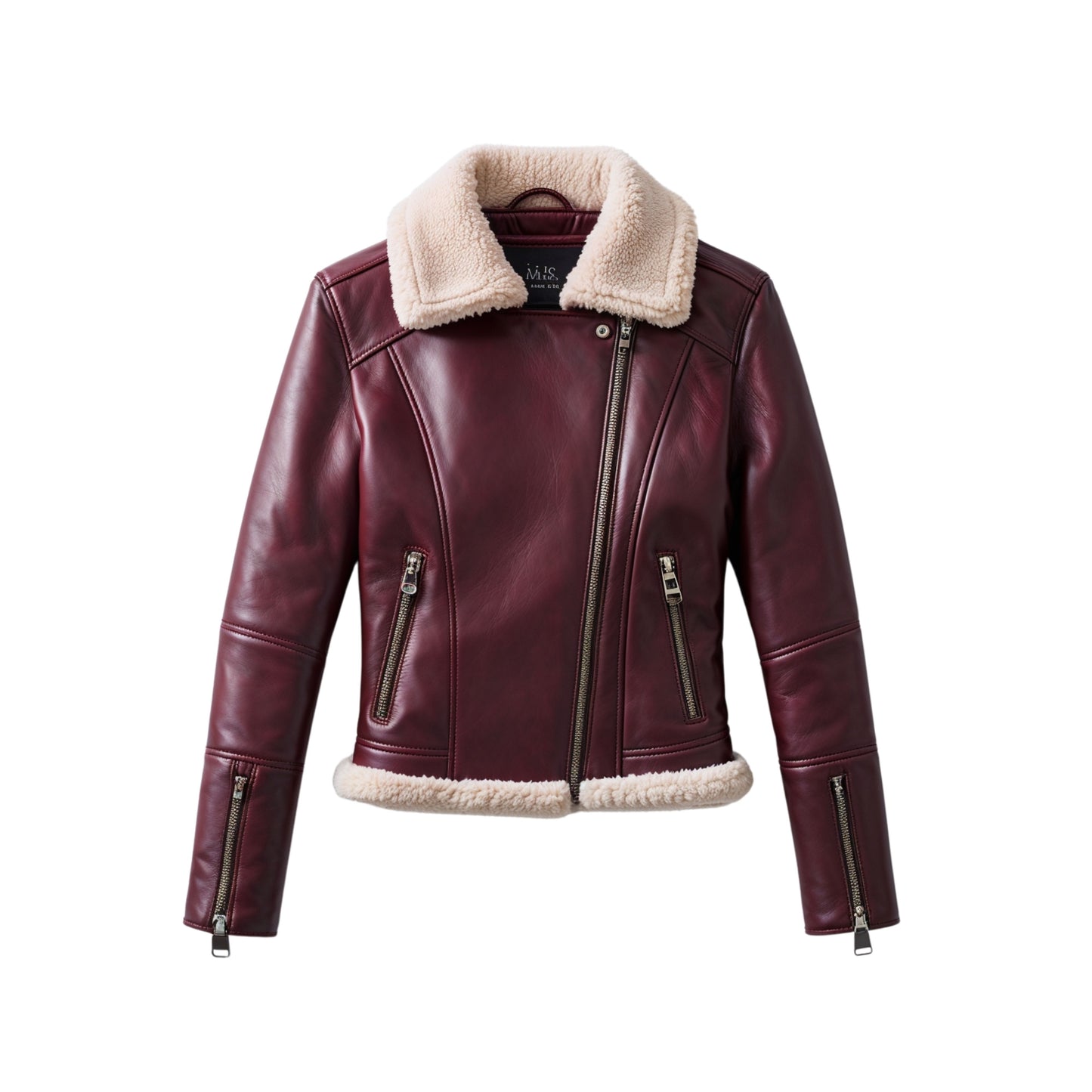 Womens Burgundy Real Leather Shearling Moto Coat, Cream Fur Collar Biker Style Jacket